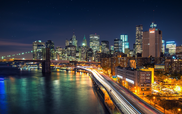 2560x1080 pix. Wallpaper new york city, long exposure, city lights, city, brooklyn bridge, usa