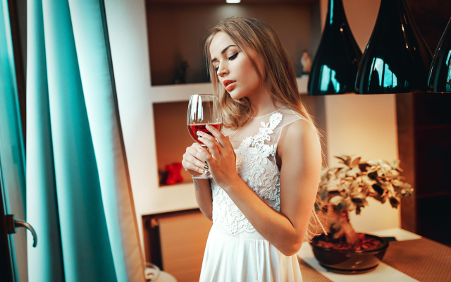 2048x1152 pix. Wallpaper women, wine glass, white dress, standing, juicy lips