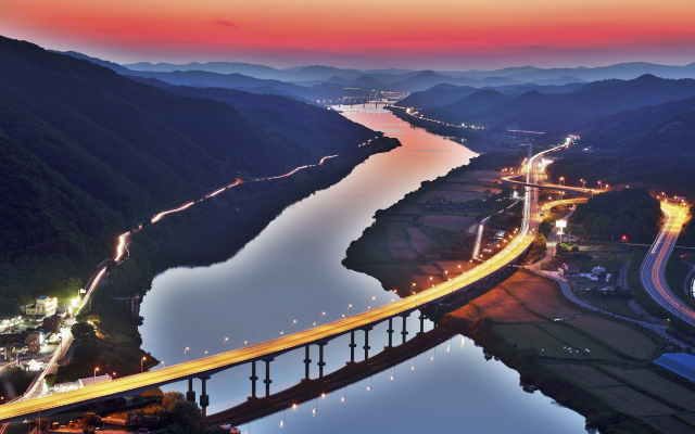 1920x1080 pix. Wallpaper south korea, river, road, bridge, lights, mountains, sunset, aerial view, photography, city