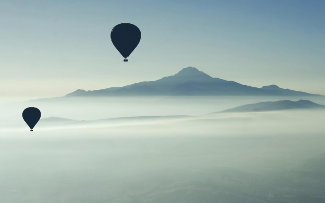 3840x2160 pix. Wallpaper hot air balloons, mist, fog, landscape, mountains, sky, nature