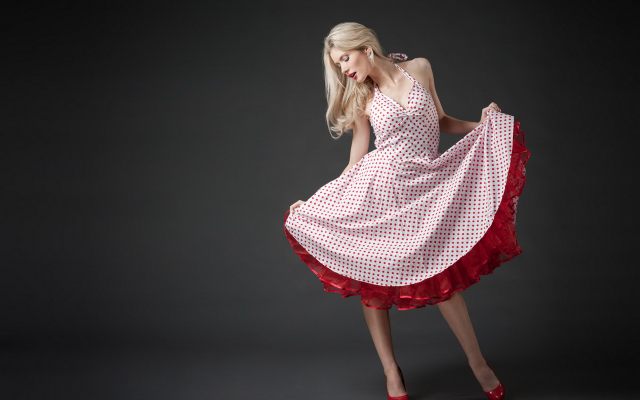 1920x1274 pix. Wallpaper women, dress, polka dot dress, dotted dress, blonde, red heels