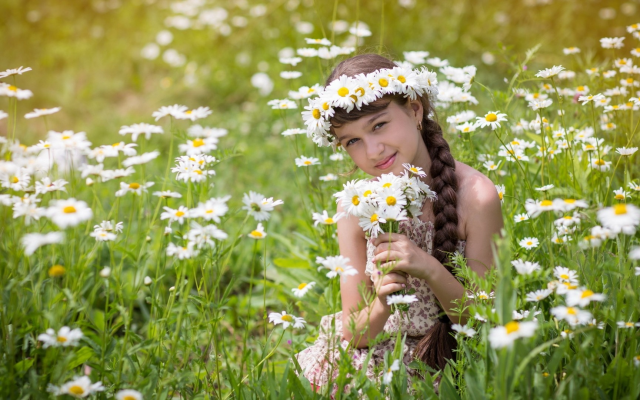 1920x1080 pix. Wallpaper girl, flowers, wreath, braid, women, spring, nature, field, wreth