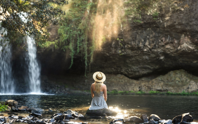 2000x1125 pix. Wallpaper waterfall, nature, women, blonde, hat, summer dress