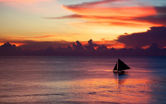 1920x1080 pix. Wallpaper sailboat, sunset, sea, calm, clouds, purple sky, nature