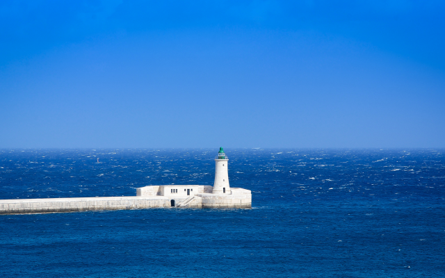 2048x1152 pix. Wallpaper mediterranean sea, lighthouse, sea, horizon, blue sky, waves, nature