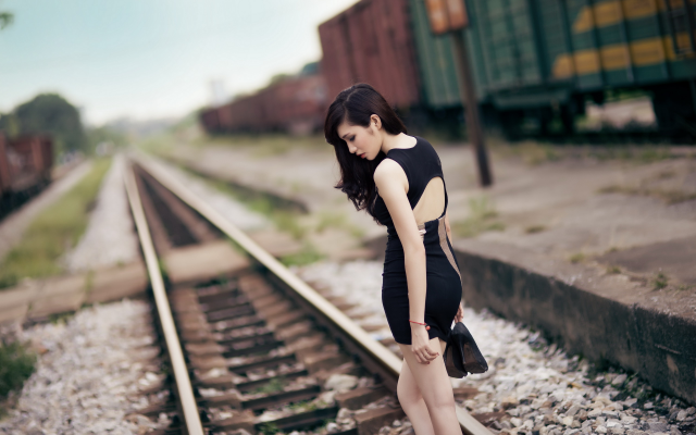 2560x1600 pix. Wallpaper women, girl, railroad, asian, brunette