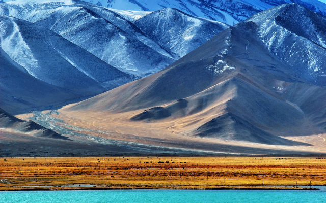 1920x1200 pix. Wallpaper Pamir, Tajikistan, nature, landscape, mountain, snow, water, lake, snowy peak, field, hill