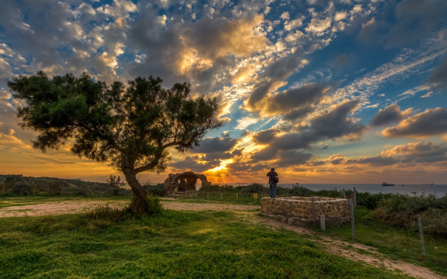 1920x1191 pix. Wallpaper ashkelon national park, israel, sea, coast, clouds, sky, sunset, tree, nature