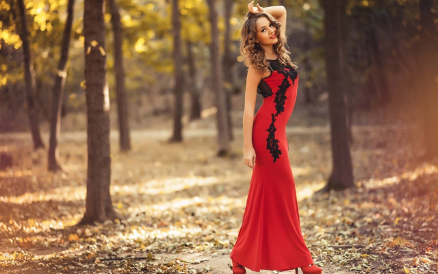 2048x1363 pix. Wallpaper red dress, women, autumn, park