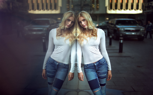 2200x1397 pix. Wallpaper girl, blonde, city, reflection, women, jeans