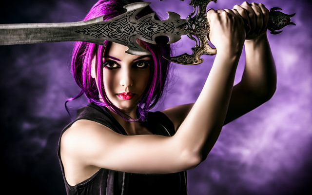 5000x3337 pix. Wallpaper warrior, sword, fantasy, cosplay, purple hairs
