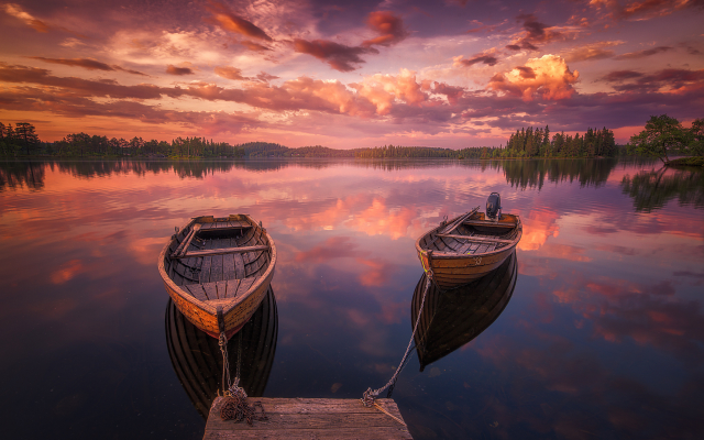 2048x1365 pix. Wallpaper nature, lake, norway, boat, sunset, reflection, clouds