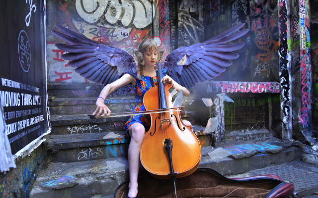 2048x1365 pix. Wallpaper girl, cello, wings, women, music