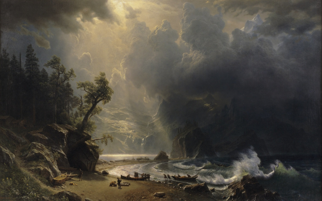 2048x1304 pix. Wallpaper albert bierstadt, shore, mountains, dark clouds, boat, waves