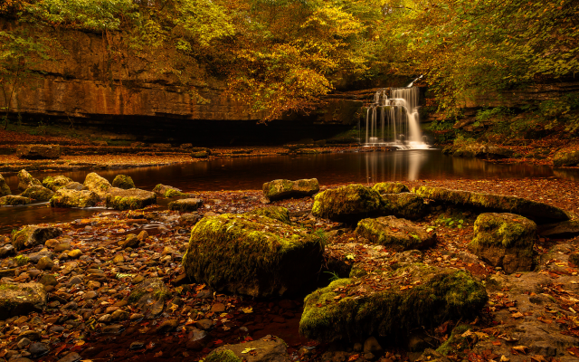 2048x1366 pix. Wallpaper west burton, cauldron, falls, autumn, yorkshire dales, forest, rocks, stream, brook, waterfall, tree, stones, nature