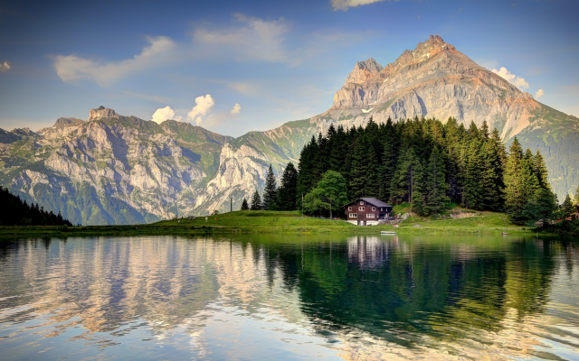 5467x3642 pix. Wallpaper switzerland alps, house, mountains, river, forest, beauty, nature, lake