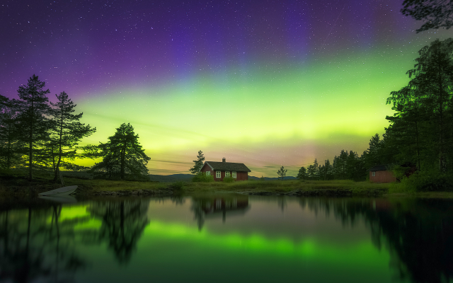 2048x1366 pix. Wallpaper nature, norway, house, lake, reflection, night, aurora borealis, stars