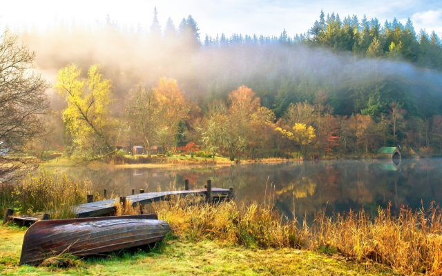 1920x1080 pix. Wallpaper nature, autumn, lake, boat, forest, fog, fall