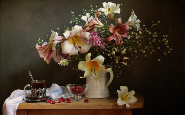 2560x1741 pix. Wallpaper flowers, raspberry, bouquet of summer, glass of tea
