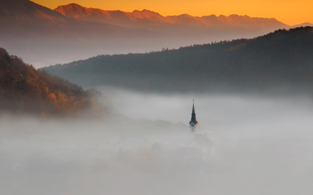 2560x1706 pix. Wallpaper slovenia, church, clouds, fog, nature, mountains