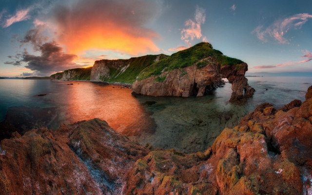 1920x1200 pix. Wallpaper sea, sunset, shore, cliff, clouds, nature