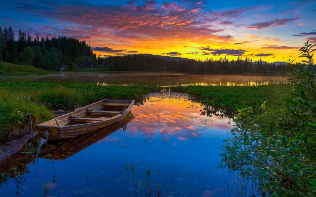 1920x1200 pix. Wallpaper lake, boat, sunset, nature, reflection