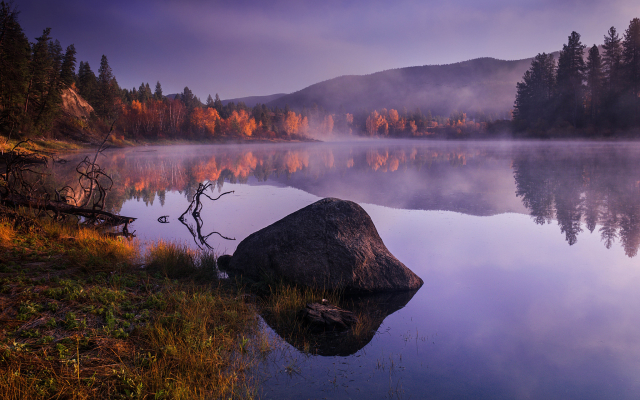 2048x1365 pix. Wallpaper nature, autumn, morning, sunrise, forest, lake, reflection, fog, stone