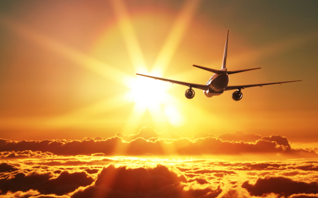 5000x3333 pix. Wallpaper sky, rays, clouds, aircraft, over clouds, airplane, sunset