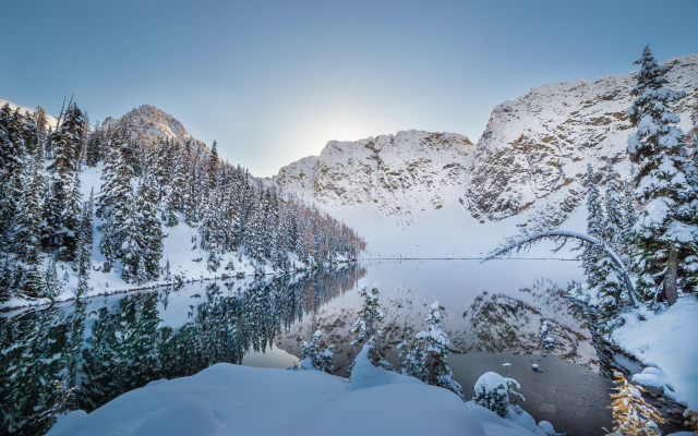 5472x3648 pix. Wallpaper tree, winter, mountains, snow, reflection, lake, nature
