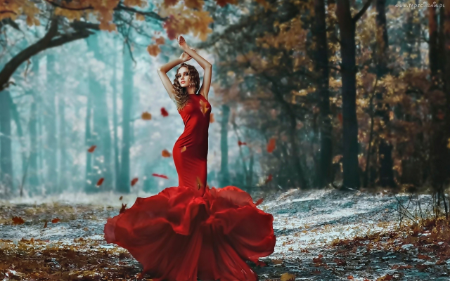1920x1200 pix. Wallpaper red dress, women, autumn leaf, park, brunette