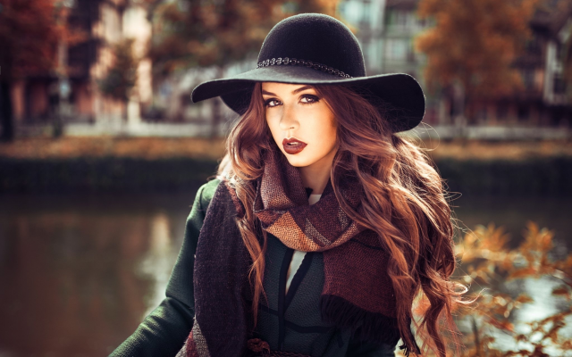 2048x1280 pix. Wallpaper brunette, hat, autumn, river, women, lady