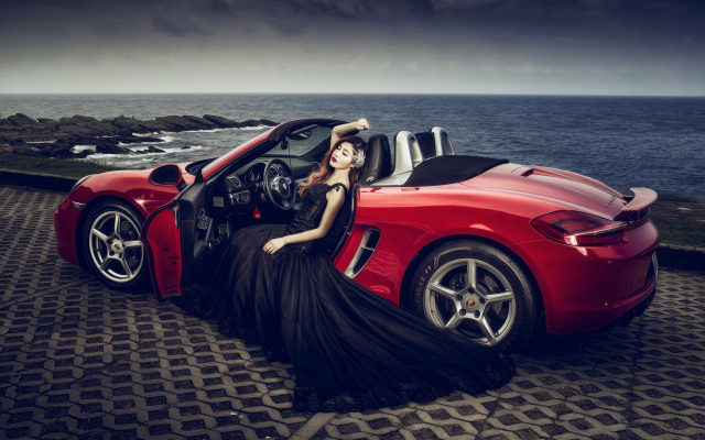 2048x1365 pix. Wallpaper asian, black dress, women, cars, cabrio, red porsche, porsche