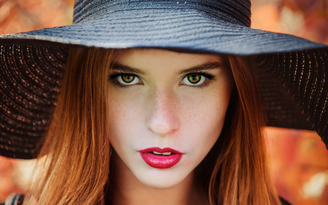 2048x1363 pix. Wallpaper women, hat, face, portrait, freckles, red lipstick