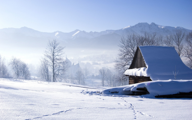 2512x1670 pix. Wallpaper winter, snow, mountains, house, nature, scenery
