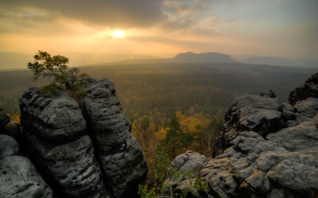 2560x1600 pix. Wallpaper mountains, forest, sky, landscape, sunset, trees, rocks, cliff, nature