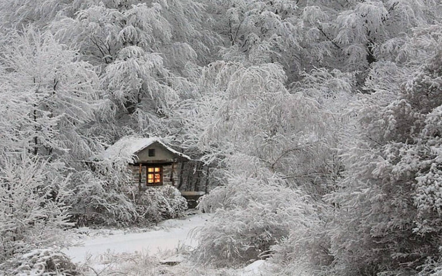 1920x1080 pix. Wallpaper snow cabin, hunting lodge, winter, forest, snow
