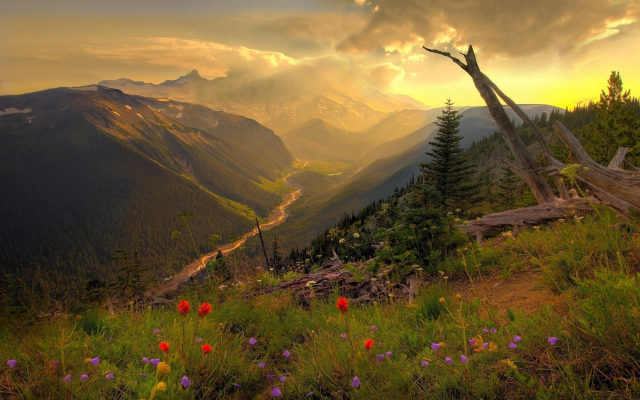 2000x1333 pix. Wallpaper mountains, sunset, river, clouds, grass, flowers, nature