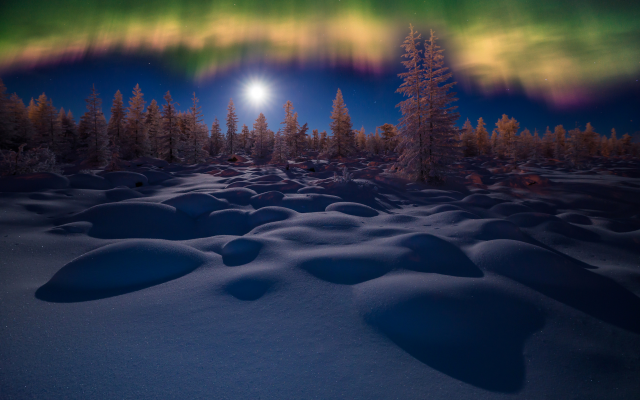 2893x2000 pix. Wallpaper aurora borealis, winter, evening, snow, moon, nature