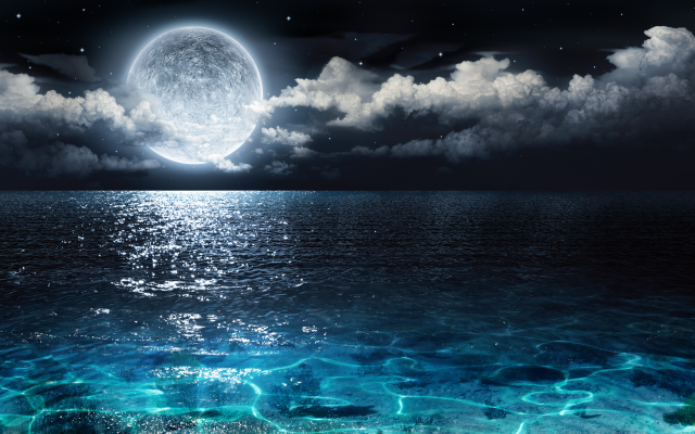 7000x4224 pix. Wallpaper moon, ocean, night, clouds, graphics, 3d