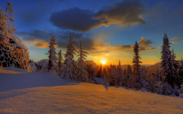 1920x1080 pix. Wallpaper forest, sunset, winter, clouds, snow, beauty, sky, nature