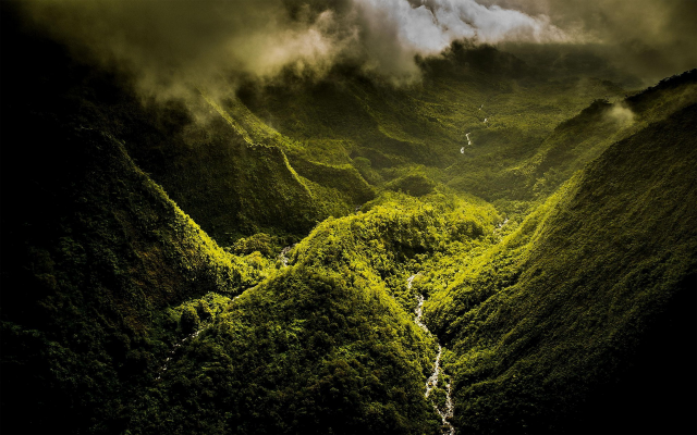 1920x1200 pix. Wallpaper nature, landscape, mountain, mist, clouds, valley, river, forest, green, Hawaii, island