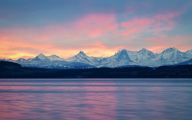 5119x2879 pix. Wallpaper mountains, peaks, snow, lake, sunrise, clouds, nature
