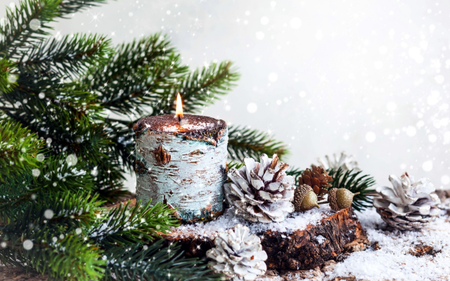 2560x1600 pix. Wallpaper candle, pine needle, pine cone, snow, new year, christmas, holidays