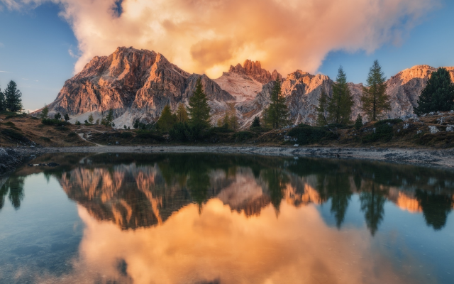 1920x1148 pix. Wallpaper lake limides, italy, dolomites, reflection, autumn, sunset, nature