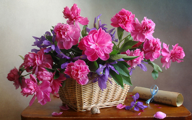 1920x1192 pix. Wallpaper peonies, basket, flowers, bouquet