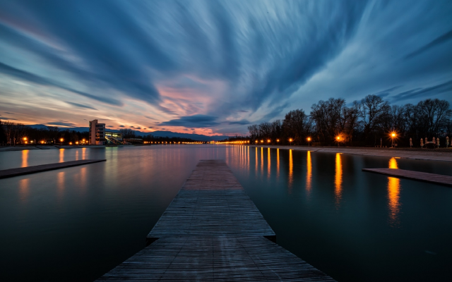 1920x1280 pix. Wallpaper river, sky, evening, lights, bridge, pier, clouds, nature