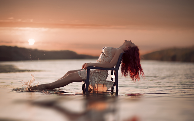 5810x3553 pix. Wallpaper girl, chair, water, sitting, redhead, sunset, women