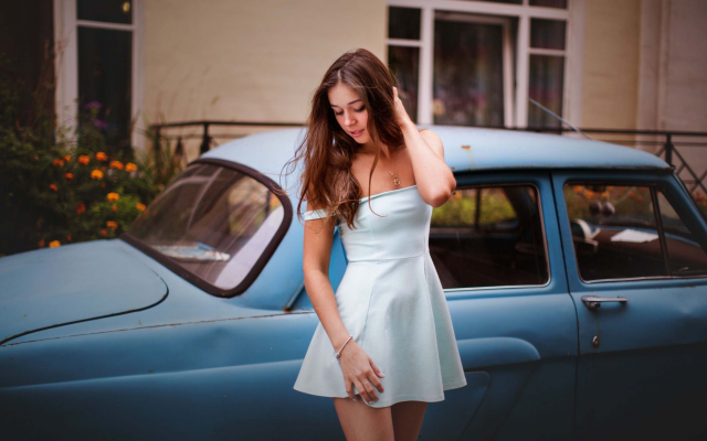 2880x1761 pix. Wallpaper girl, summer dress, women, brunette, retro car