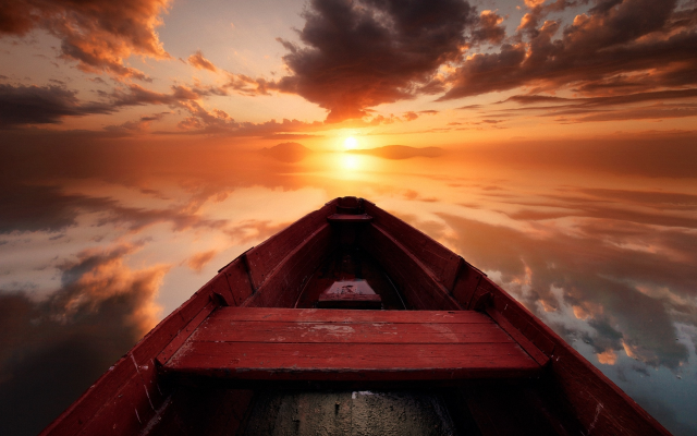 1920x1212 pix. Wallpaper boat, sunset, clouds, sun, lake, fog