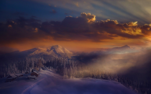 1920x1200 pix. Wallpaper alps, house, clouds, forest, italy, landscape, mist, mountains, nature, snow, winter